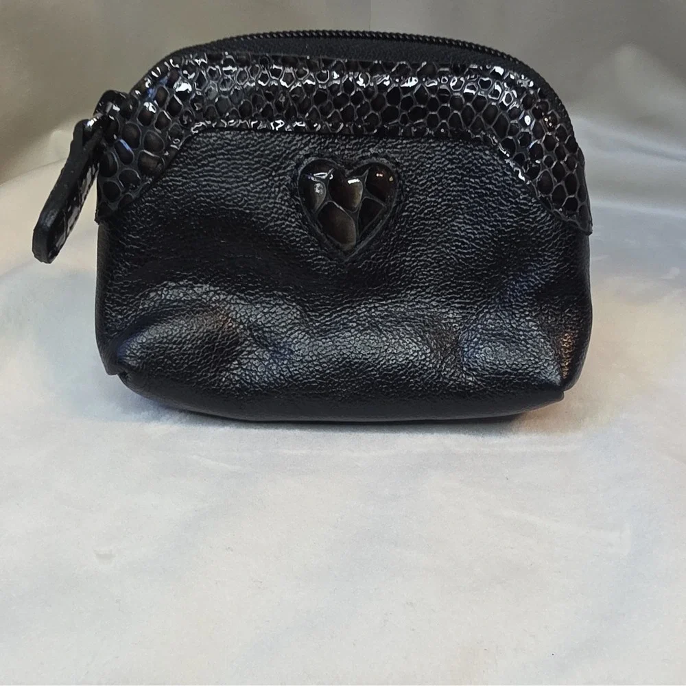 Brighton Black Heart Accent Zip-Around Coin Wallet with Animal Print Lining